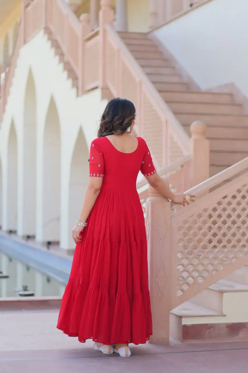 KA 1173 Red Faux Blooming Gown Perfect for Wedding, Party, Eid, Pooja, Baisakhi – . Now at just ₹1849. Delivery 4-6 Working Days. Shop now. | Bollywood Gowns, Creative Gowns, Designer Gowns, Embroidered Gowns, Gowns, Party Wear Gowns