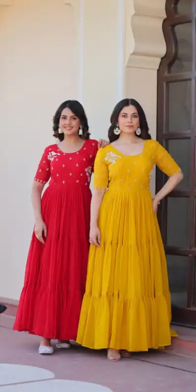 KA 1173 Red Faux Blooming Gown Perfect for Wedding, Party, Eid, Pooja, Baisakhi – . Now at just ₹1849. Delivery 4-6 Working Days. Shop now. | Bollywood Gowns, Creative Gowns, Designer Gowns, Embroidered Gowns, Gowns, Party Wear Gowns