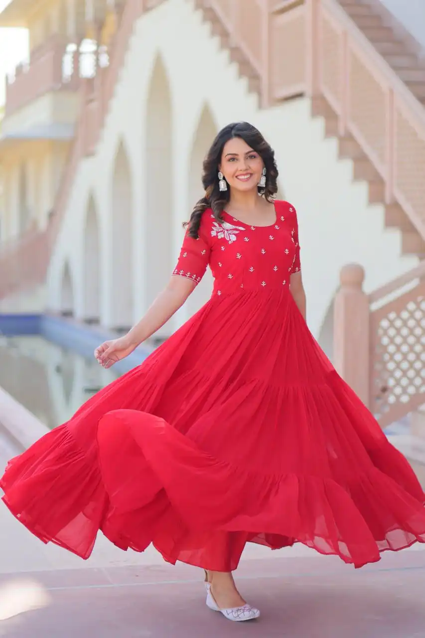 KA 1173 Red Faux Blooming Gown Perfect for Wedding, Party, Eid, Pooja, Baisakhi – . Now at just ₹1849. Delivery 4-6 Working Days. Shop now. | Bollywood Gowns, Creative Gowns, Designer Gowns, Embroidered Gowns, Gowns, Party Wear Gowns