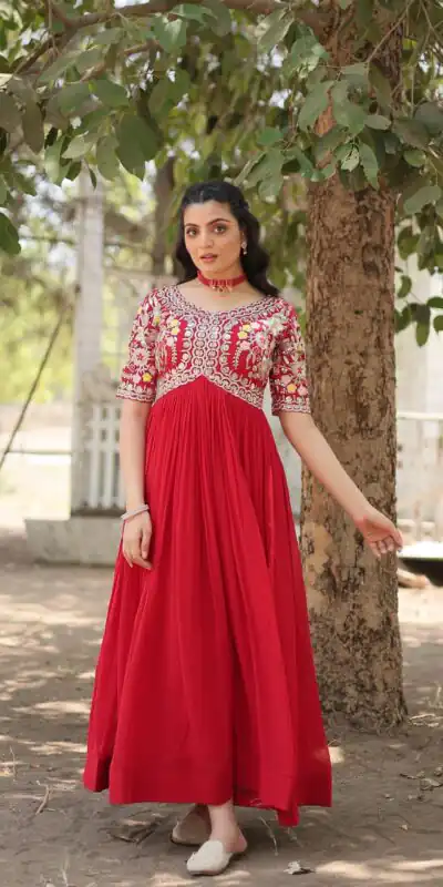 KA 1110 Red Faux Blooming Gown Perfect for Wedding, Party, Holi, Lohri, Baby Shower – . Introductory Price ₹1649. Delivery 4-6 Working Days. Shop no | Bollywood Gowns, Creative Gowns, Designer Gowns, Embroidered Gowns, Gowns, Party Wear Gowns