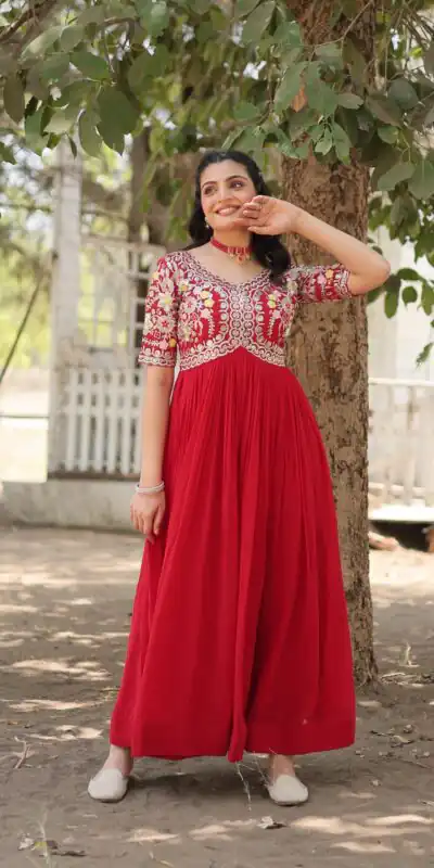 KA 1110 Red Faux Blooming Gown Perfect for Wedding, Party, Holi, Lohri, Baby Shower – . Introductory Price ₹1649. Delivery 4-6 Working Days. Shop no | Bollywood Gowns, Creative Gowns, Designer Gowns, Embroidered Gowns, Gowns, Party Wear Gowns