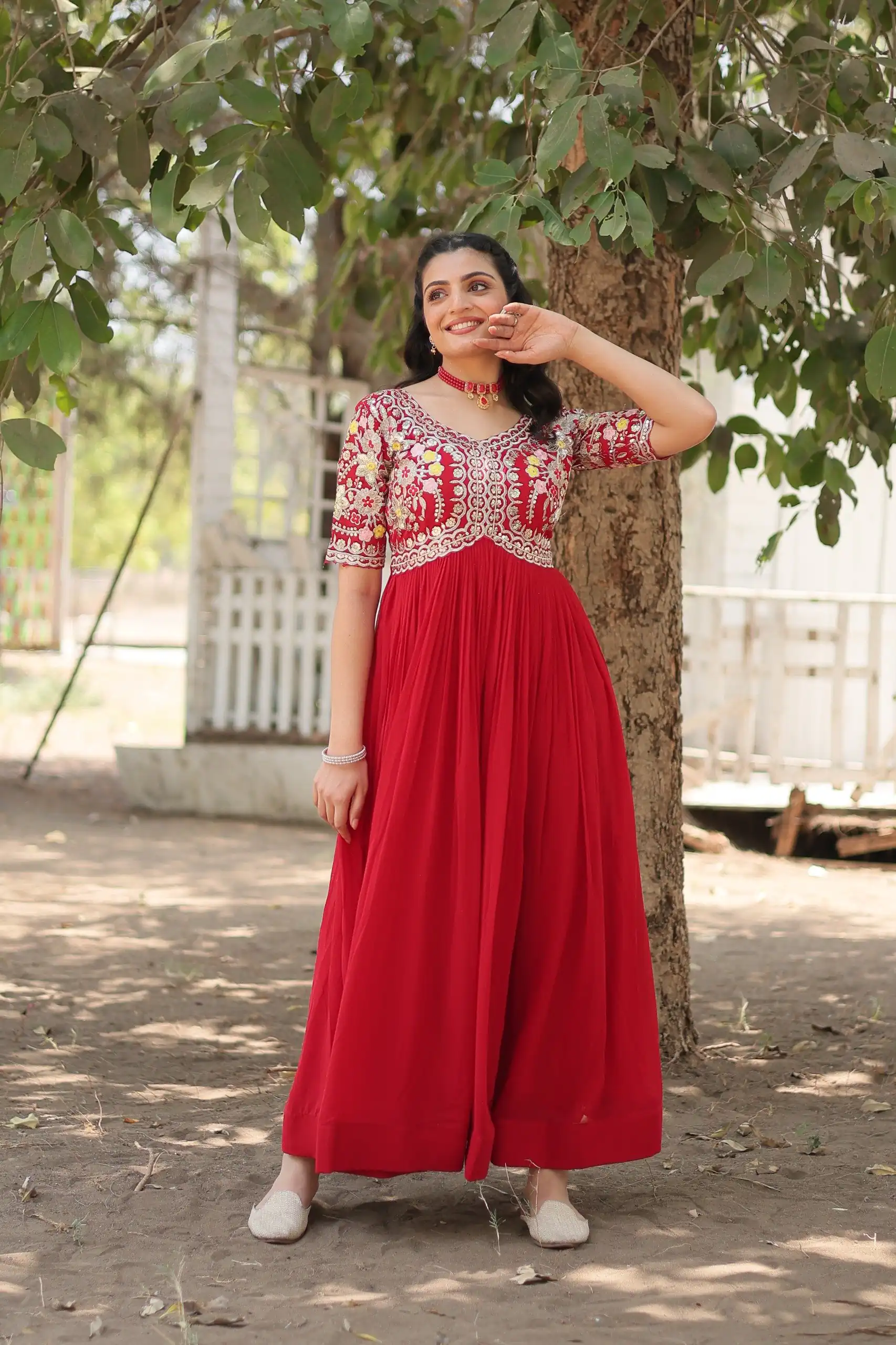 KA 1110 Red Faux Blooming Gown Perfect for Wedding, Party, Holi, Lohri, Baby Shower – . Introductory Price ₹1649. Delivery 4-6 Working Days. Shop no | Bollywood Gowns, Creative Gowns, Designer Gowns, Embroidered Gowns, Gowns, Party Wear Gowns