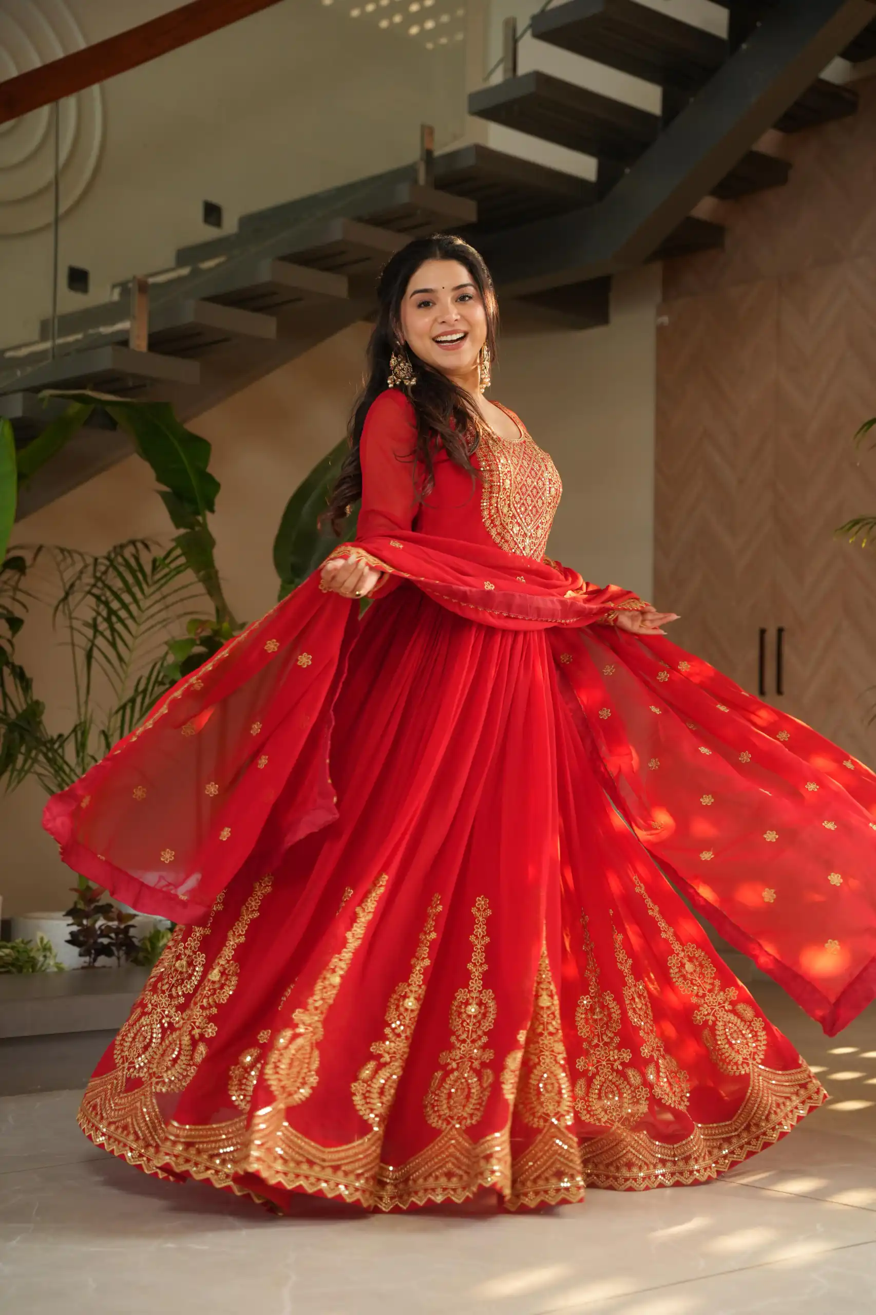 KA 1162 Red Faux Blooming Gown with Embroidery Work & Zari Work. Available at ₹2649 only. Delivery 4-6 Working Days. Shop now. | Bollywood Gowns, Creative Gowns, Designer Gowns, Embroidered Gowns, Gowns, Party Wear Gowns