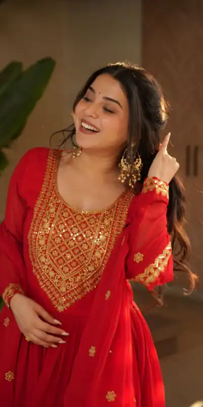 KA 1162 Red Faux Blooming Gown with Embroidery Work & Zari Work. Available at ₹2649 only. Delivery 4-6 Working Days. Shop now. | Bollywood Gowns, Creative Gowns, Designer Gowns, Embroidered Gowns, Gowns, Party Wear Gowns