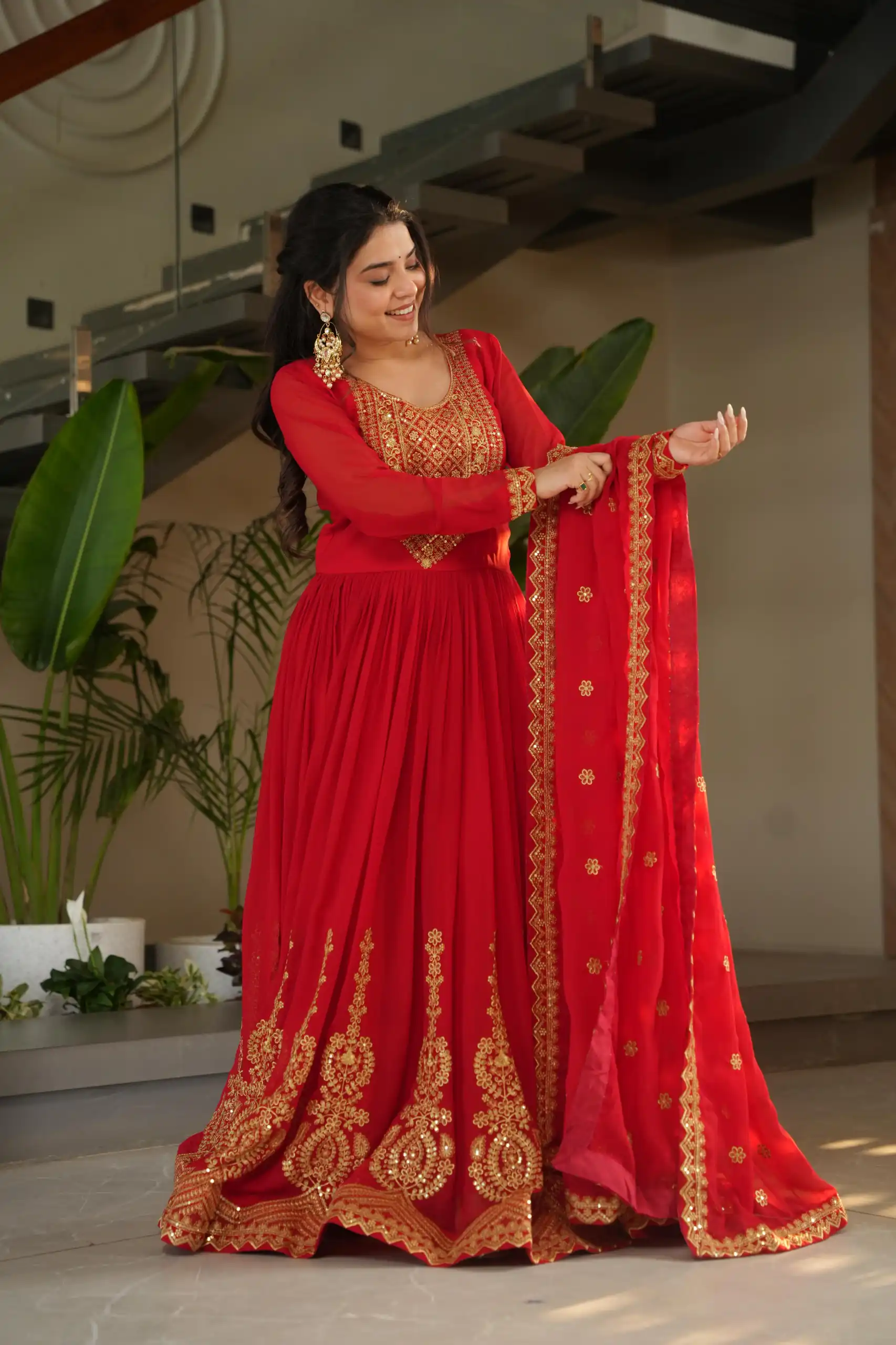 KA 1162 Red Faux Blooming Gown with Embroidery Work & Zari Work. Available at ₹2649 only. Delivery 4-6 Working Days. Shop now. | Bollywood Gowns, Creative Gowns, Designer Gowns, Embroidered Gowns, Gowns, Party Wear Gowns