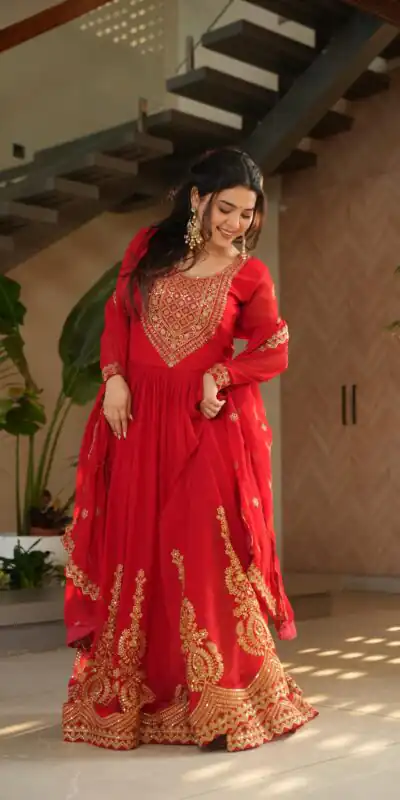 KA 1162 Red Faux Blooming Gown with Embroidery Work & Zari Work. Available at ₹2649 only. Delivery 4-6 Working Days. Shop now. | Bollywood Gowns, Creative Gowns, Designer Gowns, Embroidered Gowns, Gowns, Party Wear Gowns