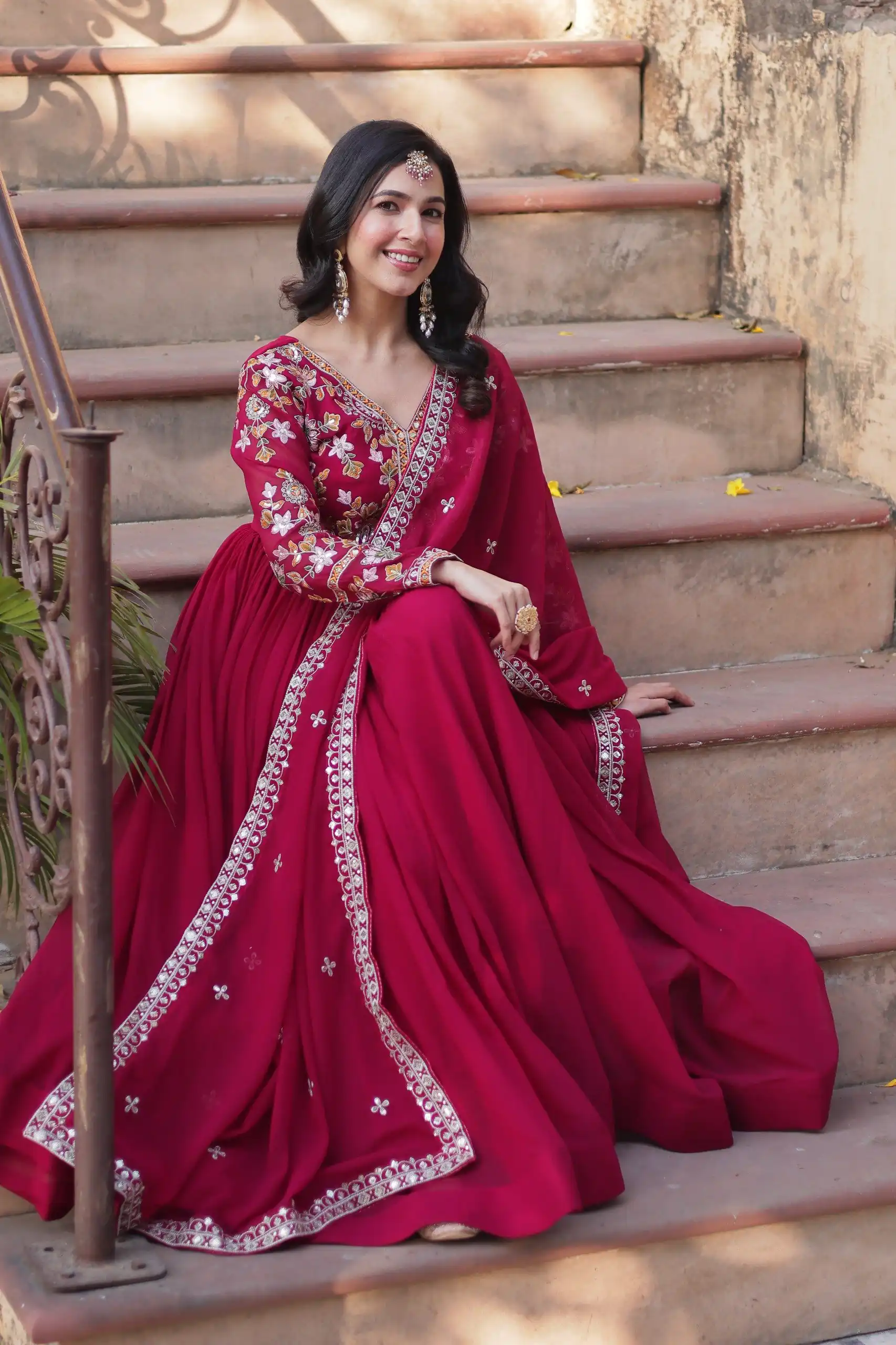 KA 1147 Red Faux Blooming Gown with Embroidery Work & Zari Work. Affordable Price ₹2049. Delivery 4-6 Working Days. Shop now. | Bollywood Gowns, Creative Gowns, Designer Gowns, Embroidered Gowns, Gowns, Party Wear Gowns