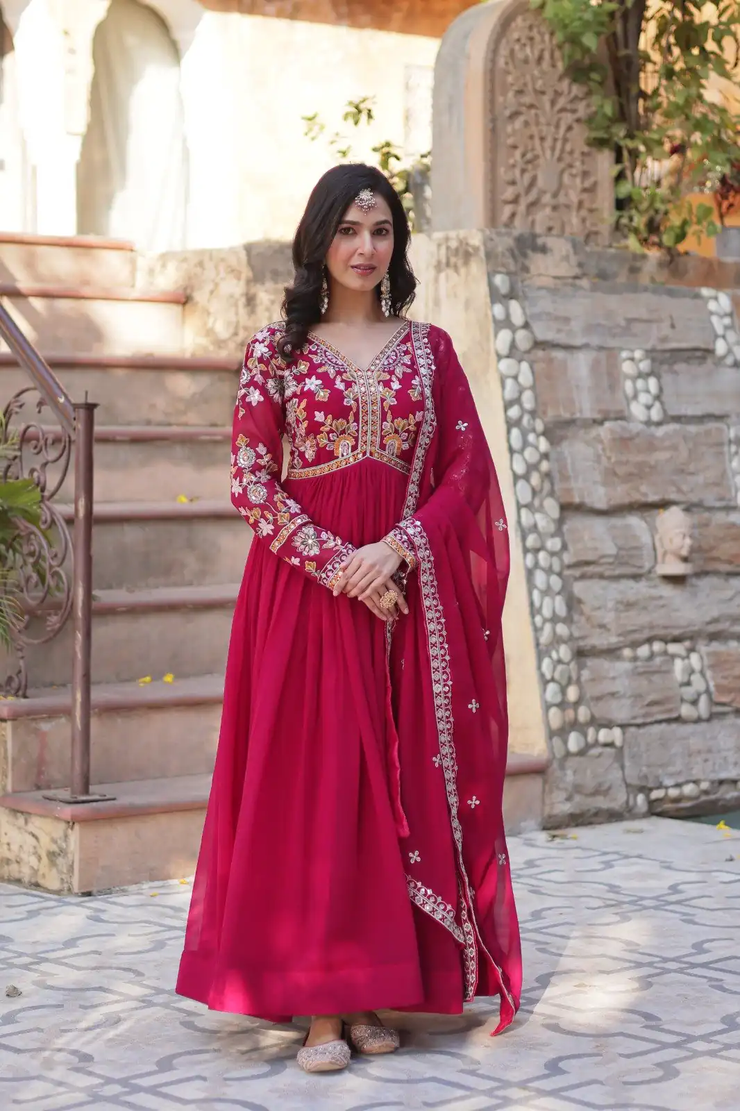 KA 1147 Red Faux Blooming Gown with Embroidery Work & Zari Work. Affordable Price ₹2049. Delivery 4-6 Working Days. Shop now. | Bollywood Gowns, Creative Gowns, Designer Gowns, Embroidered Gowns, Gowns, Party Wear Gowns