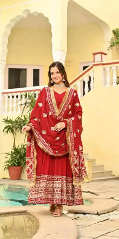 KA 1207 Red Faux Blooming Gown with Embroidery Work & Zari Work. Festive Deal ₹2649. Delivery 4-6 Working Days. Shop now. | Bollywood Gowns, Creative Gowns, Designer Gowns, Embroidered Gowns, Gowns, Party Wear Gowns