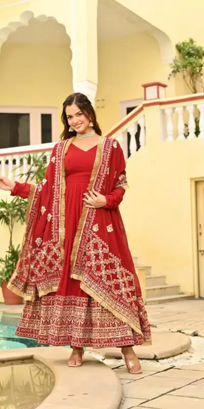KA 1207 Red Faux Blooming Gown with Embroidery Work & Zari Work. Festive Deal ₹2649. Delivery 4-6 Working Days. Shop now. | Bollywood Gowns, Creative Gowns, Designer Gowns, Embroidered Gowns, Gowns, Party Wear Gowns