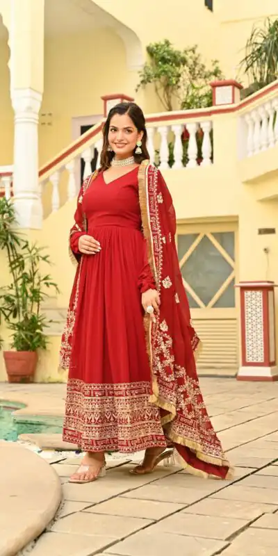 KA 1207 Red Faux Blooming Gown with Embroidery Work & Zari Work. Festive Deal ₹2649. Delivery 4-6 Working Days. Shop now. | Bollywood Gowns, Creative Gowns, Designer Gowns, Embroidered Gowns, Gowns, Party Wear Gowns
