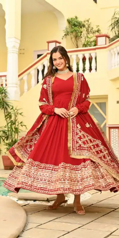 KA 1207 Red Faux Blooming Gown with Embroidery Work & Zari Work. Festive Deal ₹2649. Delivery 4-6 Working Days. Shop now. | Bollywood Gowns, Creative Gowns, Designer Gowns, Embroidered Gowns, Gowns, Party Wear Gowns