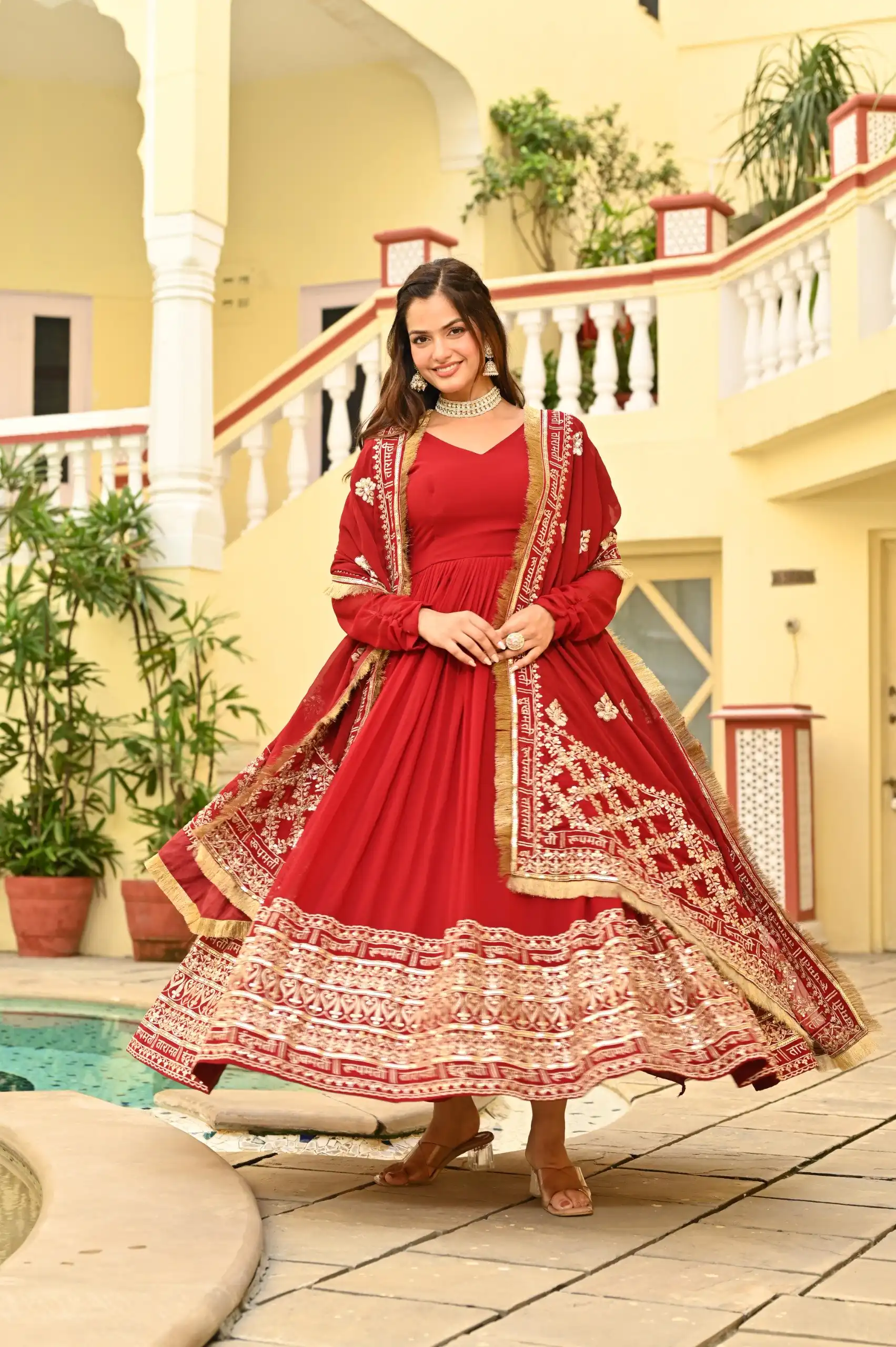 KA 1207 Red Faux Blooming Gown with Embroidery Work & Zari Work. Festive Deal ₹2649. Delivery 4-6 Working Days. Shop now. | Bollywood Gowns, Creative Gowns, Designer Gowns, Embroidered Gowns, Gowns, Party Wear Gowns