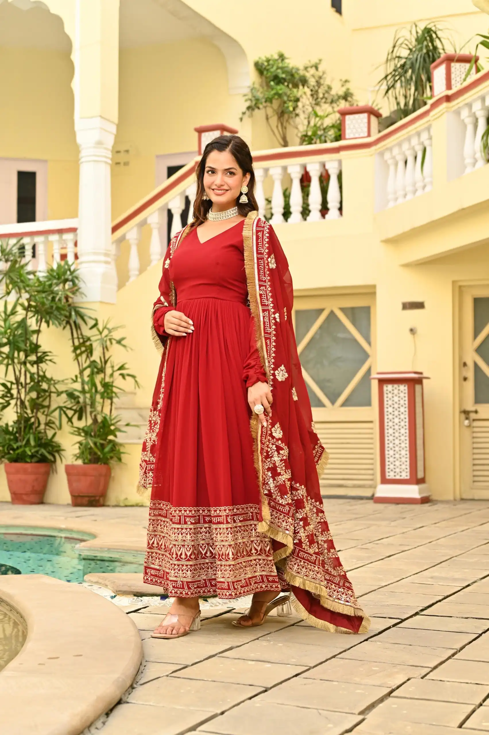 KA 1207 Red Faux Blooming Gown with Embroidery Work & Zari Work. Festive Deal ₹2649. Delivery 4-6 Working Days. Shop now. | Bollywood Gowns, Creative Gowns, Designer Gowns, Embroidered Gowns, Gowns, Party Wear Gowns