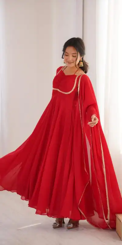 KB 291 Red Color Fox Blooming Georgette Gown with Lace Work. Affordable Price ₹1899. Delivery 4-6 Working Days. Shop now. | Bollywood Gowns, Creative Gowns, Designer Gowns, Embroidered Gowns, Gowns, Party Wear Gowns