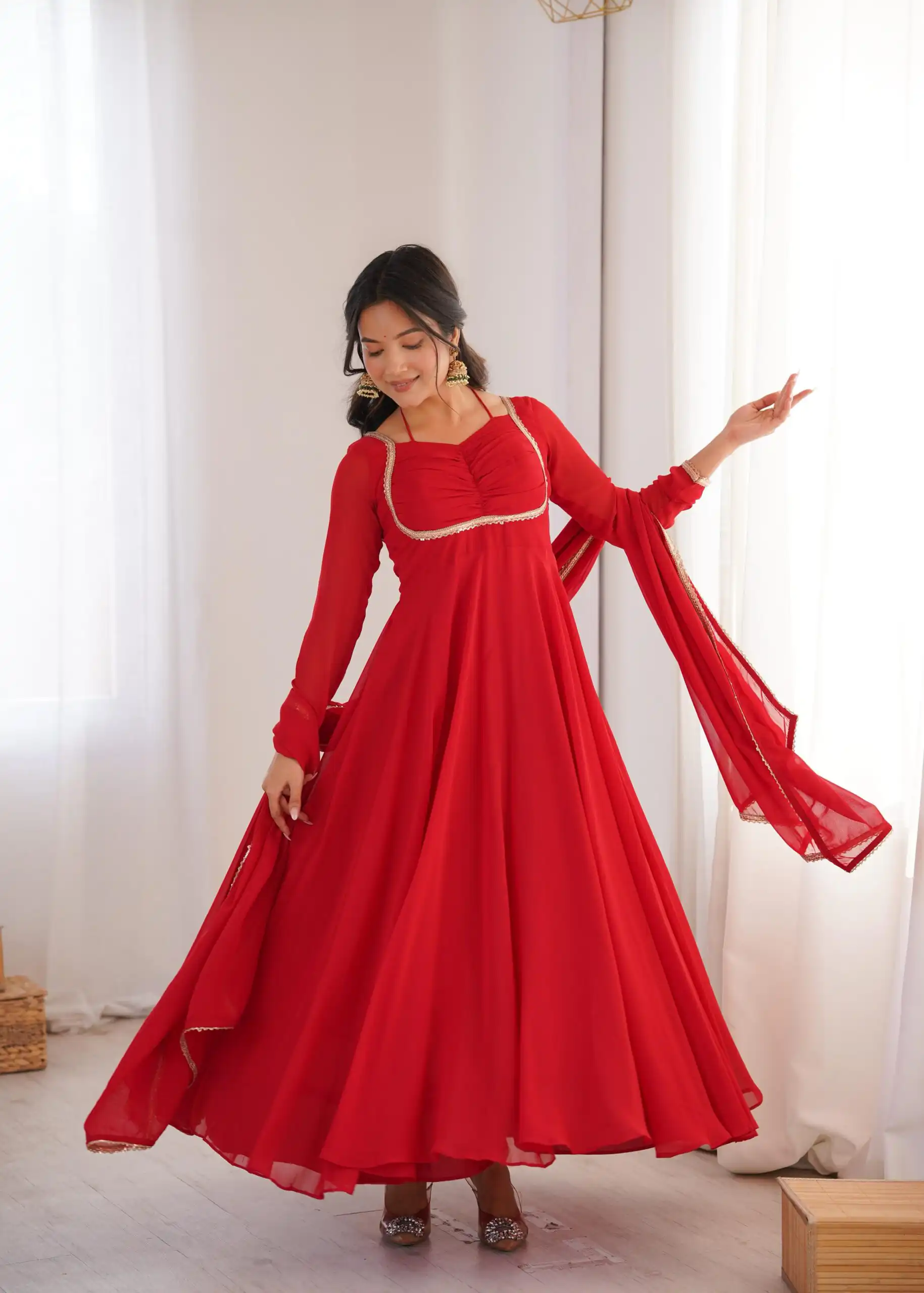 KB 291 Red Color Fox Blooming Georgette Gown with Lace Work. Affordable Price ₹1899. Delivery 4-6 Working Days. Shop now. | Bollywood Gowns, Creative Gowns, Designer Gowns, Embroidered Gowns, Gowns, Party Wear Gowns