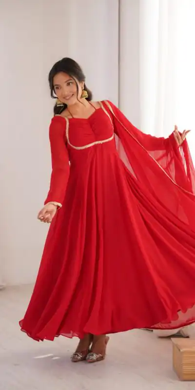 KB 291 Red Color Fox Blooming Georgette Gown with Lace Work. Affordable Price ₹1899. Delivery 4-6 Working Days. Shop now. | Bollywood Gowns, Creative Gowns, Designer Gowns, Embroidered Gowns, Gowns, Party Wear Gowns