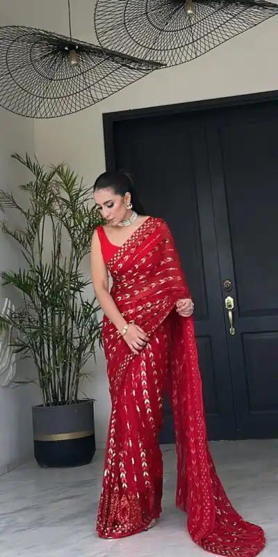 JR 635 Red Color Georgette Saree with Lace Work & Embroidery Work. Exclusive Offer ₹1949. Delivery 4-6 Working Days. Shop now. | Creative Sarees, Bollywood Sarees, Designer Sarees, Embroidered Sarees, Ethnic Saree, Modern Digital sarees, Party Wear Sarees, Sarees