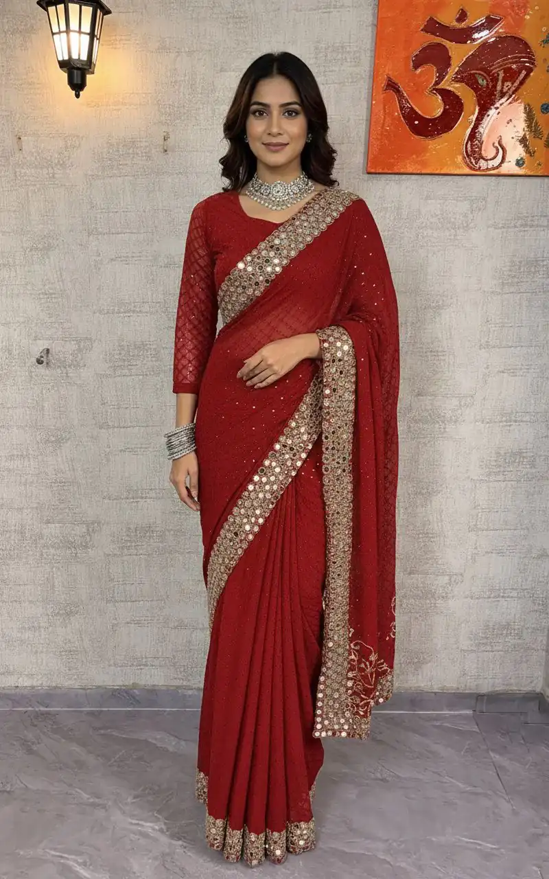 BD 1811 Red in Faux Georgette Mirror Work & Embroidery Work Saree . Exclusive Offer ₹2049. Delivery 4-6 Working Days. Shop now. | Creative Sarees, Bollywood Sarees, Designer Sarees, Embroidered Sarees, Ethnic Saree, Modern Digital sarees, Party Wear Sarees, Sarees