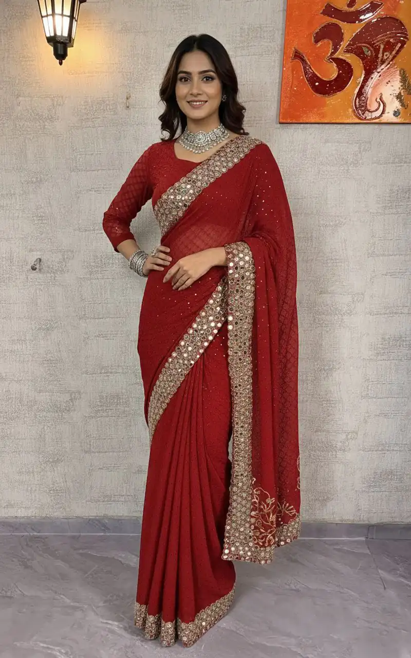 BD 1811 Red in Faux Georgette Mirror Work & Embroidery Work Saree . Exclusive Offer ₹2049. Delivery 4-6 Working Days. Shop now. | Creative Sarees, Bollywood Sarees, Designer Sarees, Embroidered Sarees, Ethnic Saree, Modern Digital sarees, Party Wear Sarees, Sarees