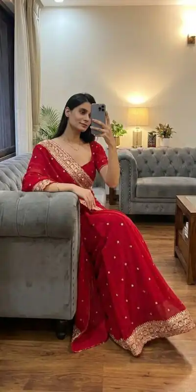 NC 5544 Red Color with Sequins & Embroidery Work Georgette Saree . Festive Deal ₹1949. Delivery 4-6 Working Days. Shop now. | Creative Sarees, Bollywood Sarees, Designer Sarees, Embroidered Sarees, Ethnic Saree, Modern Digital sarees, Party Wear Sarees, Sarees