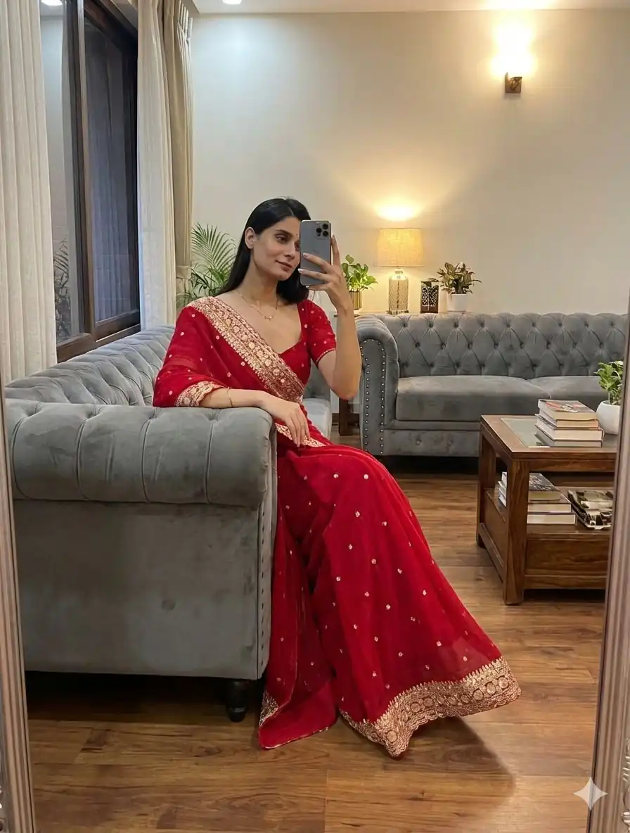 NC 5544 Red Color with Sequins & Embroidery Work Georgette Saree . Festive Deal ₹1949. Delivery 4-6 Working Days. Shop now. | Creative Sarees, Bollywood Sarees, Designer Sarees, Embroidered Sarees, Ethnic Saree, Modern Digital sarees, Party Wear Sarees, Sarees