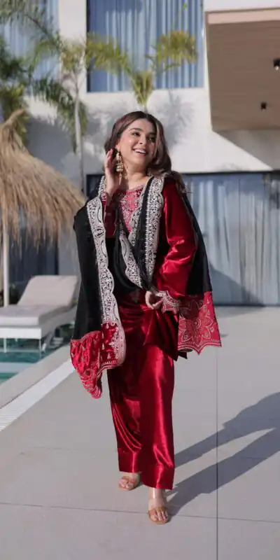 KA 1221 Red Ice Velvet Embroidery Zari Work Salwar Suit Embroidery Work & Zari Work Salwar Suit . Grab it for ₹3049. Delivery 4-6 Working Days. Shop now. | Casual Suits, Jump Suits, Tops & Bottoms, Track Suits, Trendy Wear, Creative suits, Designer Suits, Palazzo Suits, Party Wear Suits, Patiala Suits, Salwar suit, Straight Suits