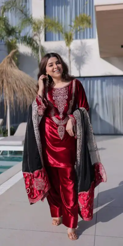 KA 1221 Red Ice Velvet Embroidery Zari Work Salwar Suit Embroidery Work & Zari Work Salwar Suit . Grab it for ₹3049. Delivery 4-6 Working Days. Shop now. | Casual Suits, Jump Suits, Tops & Bottoms, Track Suits, Trendy Wear, Creative suits, Designer Suits, Palazzo Suits, Party Wear Suits, Patiala Suits, Salwar suit, Straight Suits