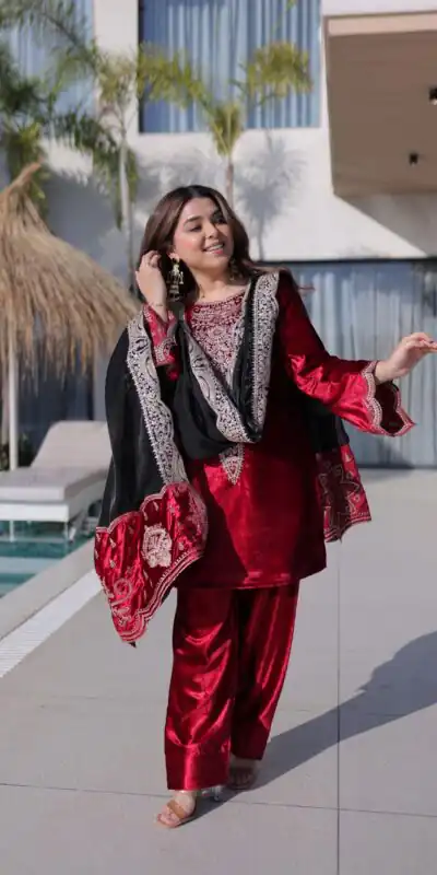 KA 1221 Red Ice Velvet Embroidery Zari Work Salwar Suit Embroidery Work & Zari Work Salwar Suit . Grab it for ₹3049. Delivery 4-6 Working Days. Shop now. | Casual Suits, Jump Suits, Tops & Bottoms, Track Suits, Trendy Wear, Creative suits, Designer Suits, Palazzo Suits, Party Wear Suits, Patiala Suits, Salwar suit, Straight Suits
