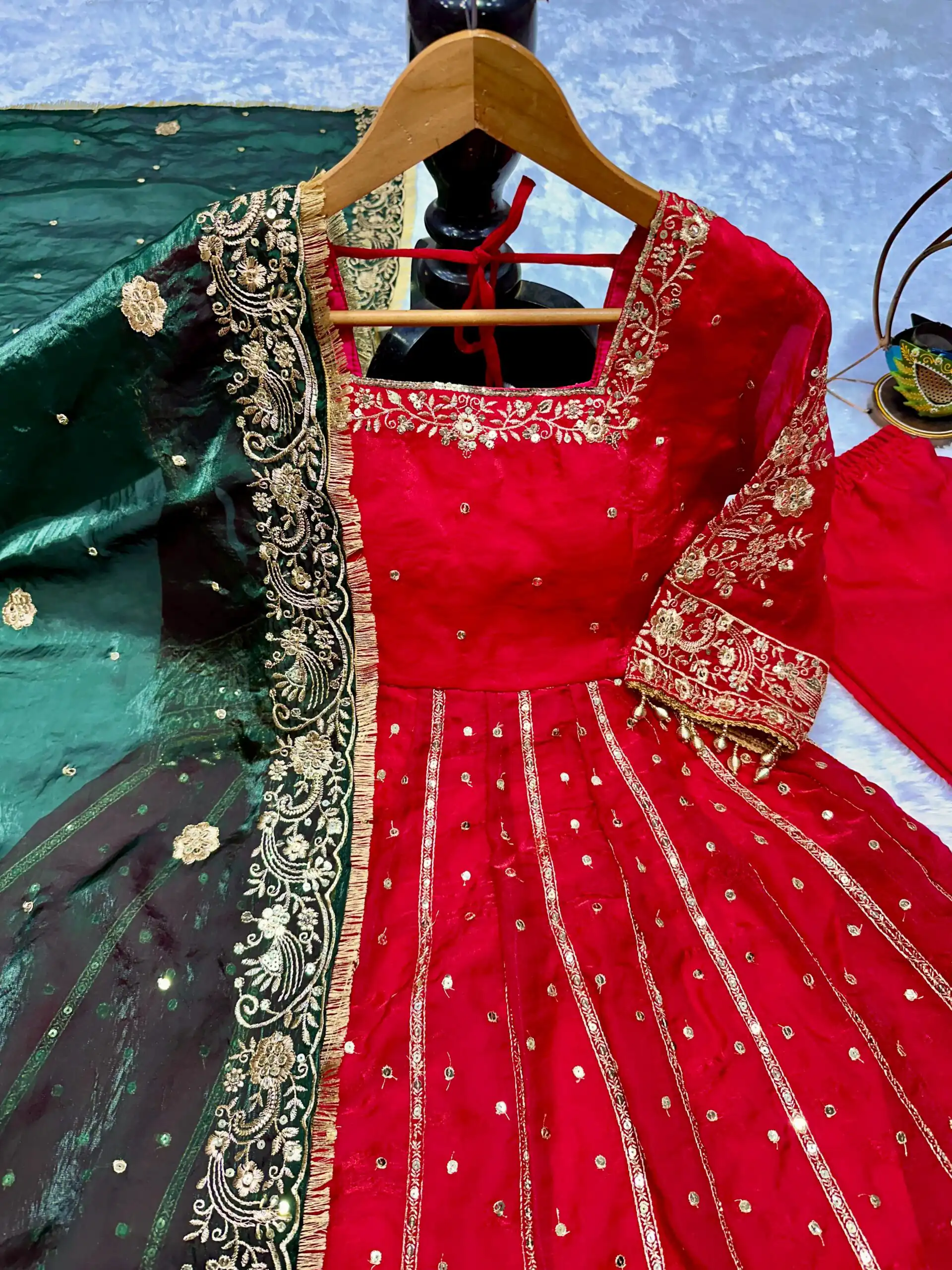 VLM 313 Red JC Silk Gown. Perfect for Wedding, Party, Sangeet, Baisakhi, Diwali – Introductory Price ₹2599. Delivery 4-6 Working Days. Shop now. | Bollywood Gowns, Creative Gowns, Designer Gowns, Embroidered Gowns, Gowns, Party Wear Gowns