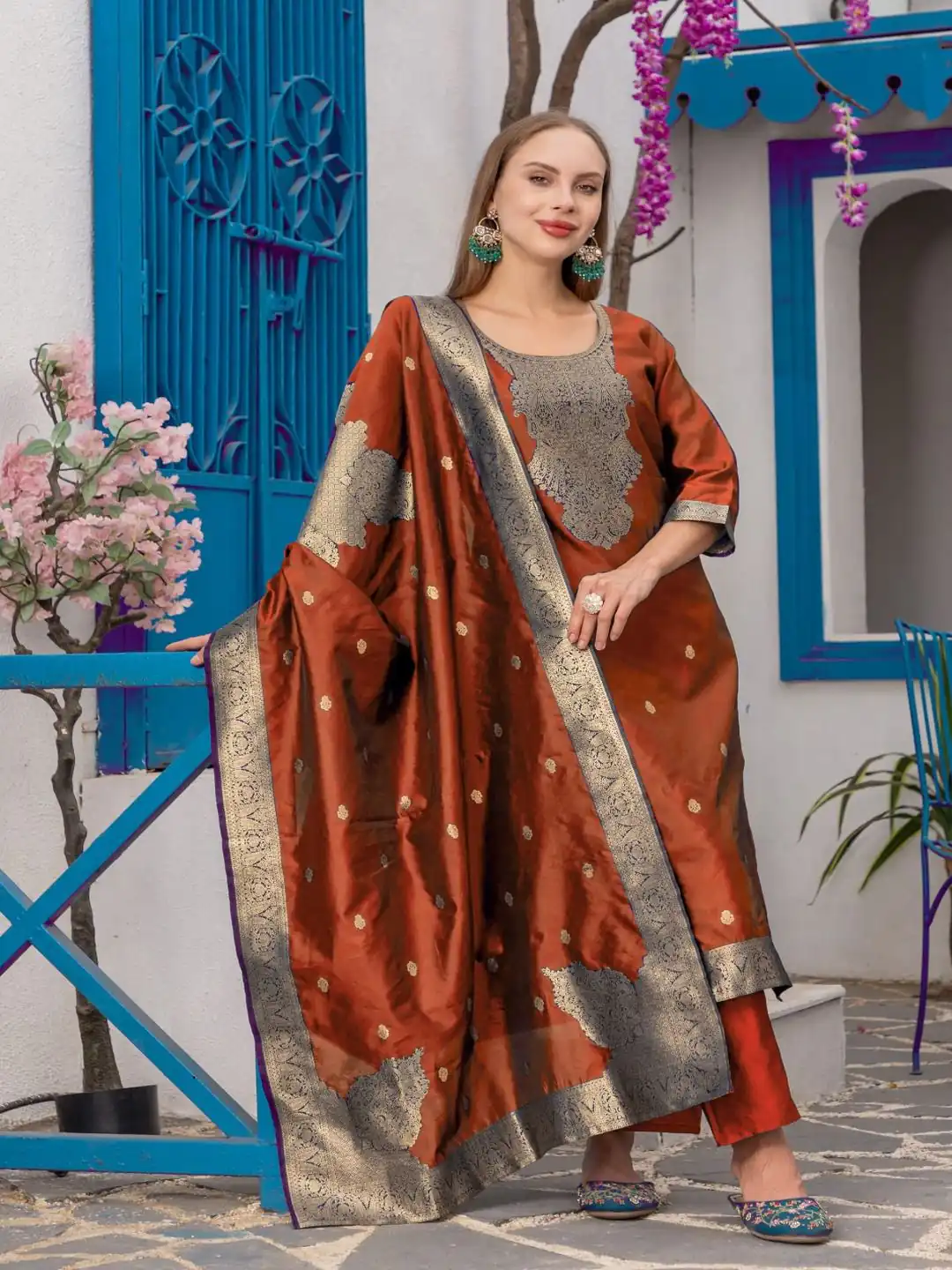 MF 111 Rust Chanderi Jacquard Salwar Suit with Zari Work. Best Price ₹1499. Wedding, Party, Festive, Events Delivery 4-6 Working Days. Shop now. | Casual Suits, Jump Suits, Tops & Bottoms, Track Suits, Trendy Wear, Creative suits, Designer Suits, Palazzo Suits, Party Wear Suits, Patiala Suits, Salwar suit, Straight Suits