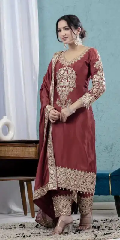 ND 5034 Rust Chinon Silk Salwar Suit with Lace Work & Embroidery Work. Best Price ₹2099. Delivery 4-6 Working Days. Shop now. | Casual Suits, Jump Suits, Tops & Bottoms, Track Suits, Trendy Wear, Creative suits, Designer Suits, Palazzo Suits, Party Wear Suits, Patiala Suits, Salwar suit, Straight Suits