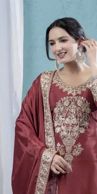ND 5034 Rust Chinon Silk Salwar Suit with Lace Work & Embroidery Work. Best Price ₹2099. Delivery 4-6 Working Days. Shop now. | Casual Suits, Jump Suits, Tops & Bottoms, Track Suits, Trendy Wear, Creative suits, Designer Suits, Palazzo Suits, Party Wear Suits, Patiala Suits, Salwar suit, Straight Suits