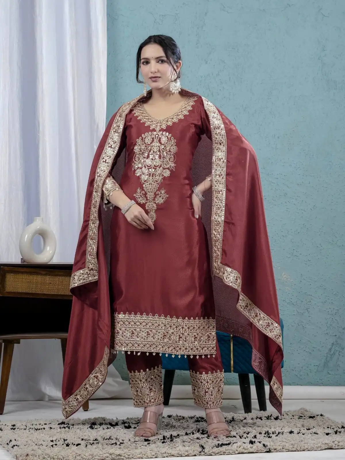 ND 5034 Rust Chinon Silk Salwar Suit with Lace Work & Embroidery Work. Best Price ₹2099. Delivery 4-6 Working Days. Shop now. | Casual Suits, Jump Suits, Tops & Bottoms, Track Suits, Trendy Wear, Creative suits, Designer Suits, Palazzo Suits, Party Wear Suits, Patiala Suits, Salwar suit, Straight Suits