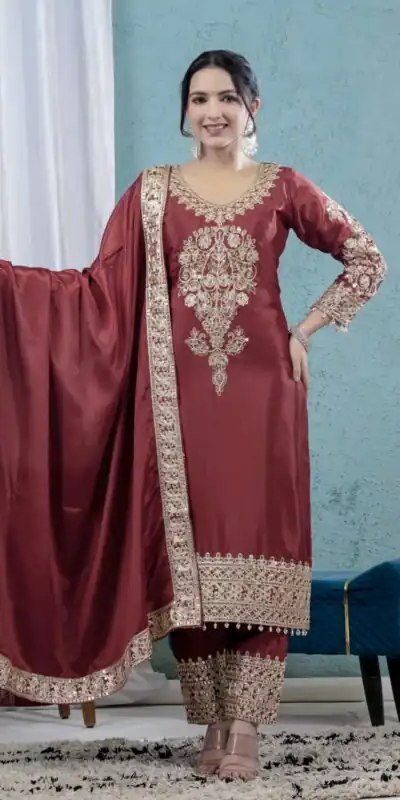 ND 5034 Rust Chinon Silk Salwar Suit with Lace Work & Embroidery Work. Best Price ₹2099. Delivery 4-6 Working Days. Shop now. | Casual Suits, Jump Suits, Tops & Bottoms, Track Suits, Trendy Wear, Creative suits, Designer Suits, Palazzo Suits, Party Wear Suits, Patiala Suits, Salwar suit, Straight Suits