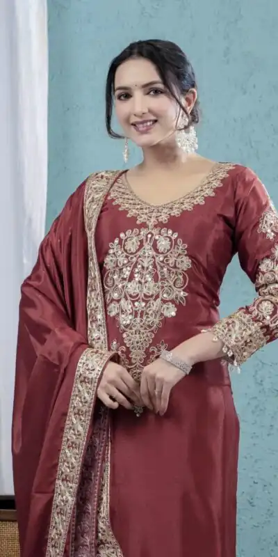 ND 5034 Rust Chinon Silk Salwar Suit with Lace Work & Embroidery Work. Best Price ₹2099. Delivery 4-6 Working Days. Shop now. | Casual Suits, Jump Suits, Tops & Bottoms, Track Suits, Trendy Wear, Creative suits, Designer Suits, Palazzo Suits, Party Wear Suits, Patiala Suits, Salwar suit, Straight Suits
