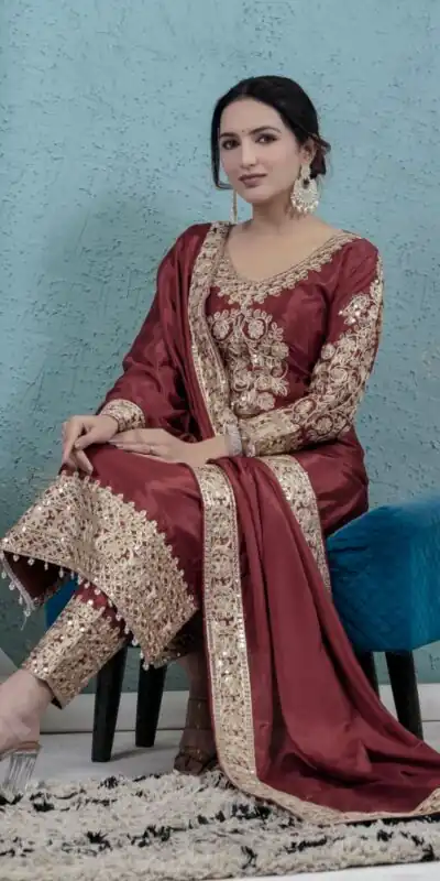 ND 5034 Rust Chinon Silk Salwar Suit with Lace Work & Embroidery Work. Best Price ₹2099. Delivery 4-6 Working Days. Shop now. | Casual Suits, Jump Suits, Tops & Bottoms, Track Suits, Trendy Wear, Creative suits, Designer Suits, Palazzo Suits, Party Wear Suits, Patiala Suits, Salwar suit, Straight Suits