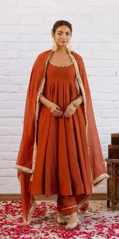 SRk 5324 Rust Color Vichitra silk Gown with Bead Work & Lace Work. Now at just ₹1849. Delivery 4-6 Working Days. Shop now. | Bollywood Gowns, Creative Gowns, Designer Gowns, Embroidered Gowns, Gowns, Party Wear Gowns