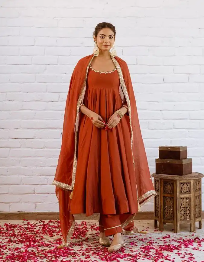 SRk 5324 Rust Color Vichitra silk Gown with Bead Work & Lace Work. Now at just ₹1849. Delivery 4-6 Working Days. Shop now. | Bollywood Gowns, Creative Gowns, Designer Gowns, Embroidered Gowns, Gowns, Party Wear Gowns