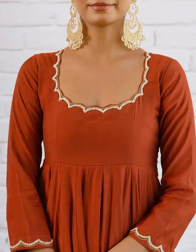 SRk 5324 Rust Color Vichitra silk Gown with Bead Work & Lace Work. Now at just ₹1849. Delivery 4-6 Working Days. Shop now. | Bollywood Gowns, Creative Gowns, Designer Gowns, Embroidered Gowns, Gowns, Party Wear Gowns