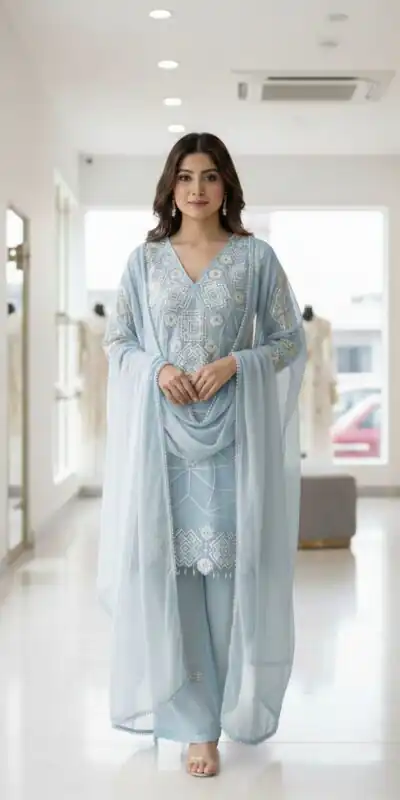 LG 2063 Sky Blue Faux Georgette Salwar Suit with Sequins Work & Embroidery Work. Introductory Price ₹2149. Delivery 4-6 Working Days. Shop now. | Casual Suits, Jump Suits, Creative suits, Designer Suits, Palazzo Suits, Party Wear Suits, Patiala Suits, Salwar suit, Straight Suits