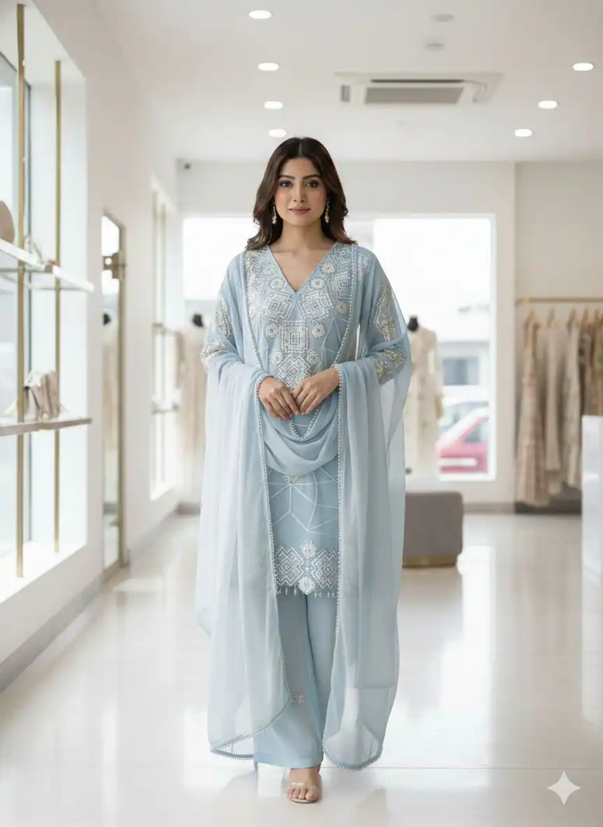 LG 2063 Sky Blue Faux Georgette Salwar Suit with Sequins Work & Embroidery Work. Introductory Price ₹2149. Delivery 4-6 Working Days. Shop now. | Casual Suits, Jump Suits, Creative suits, Designer Suits, Palazzo Suits, Party Wear Suits, Patiala Suits, Salwar suit, Straight Suits