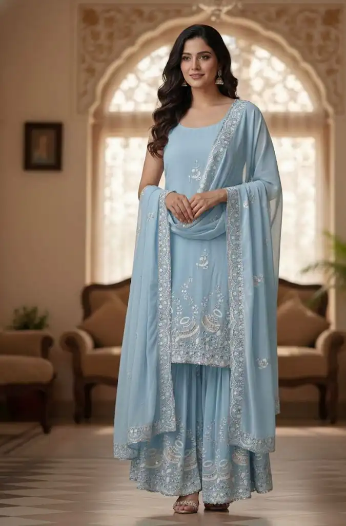 BE 430 Sky Blue Color Georgette Salwar Suit with Embroidery Work. Best Price ₹2399. Delivery 4-6 Working Days. Online Shop now. | Casual Suits, Jump Suits, Tops & Bottoms, Track Suits, Trendy Wear, Creative suits, Designer Suits, Palazzo Suits, Party Wear Suits, Patiala Suits, Salwar suit, Straight Suits