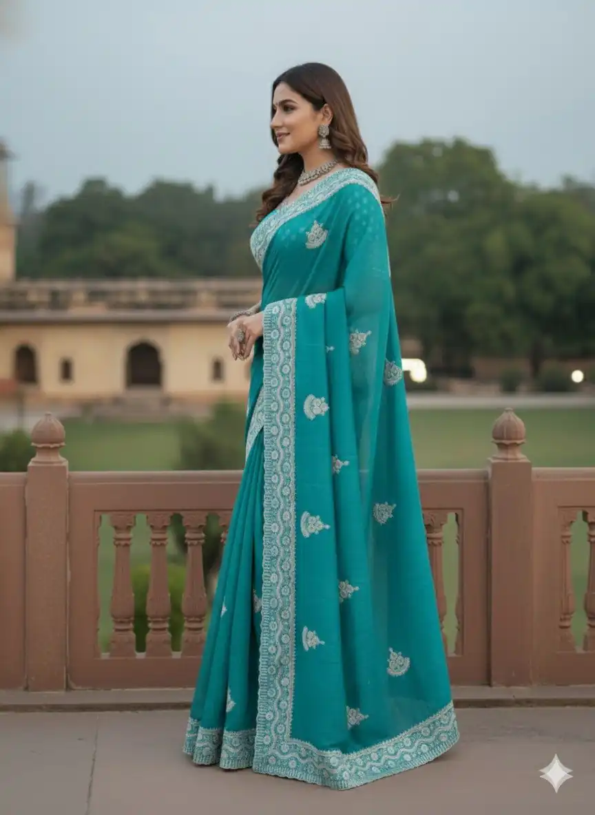 JR 654 Sky Blue Color Soft Gold Crush Saree with Embroidery Work. Affordable Price ₹2049. Delivery 4-6 Working Days. Shop now. | Creative Sarees, Bollywood Sarees, Designer Sarees, Embroidered Sarees, Ethnic Saree, Modern Digital sarees, Party Wear Sarees, Sarees