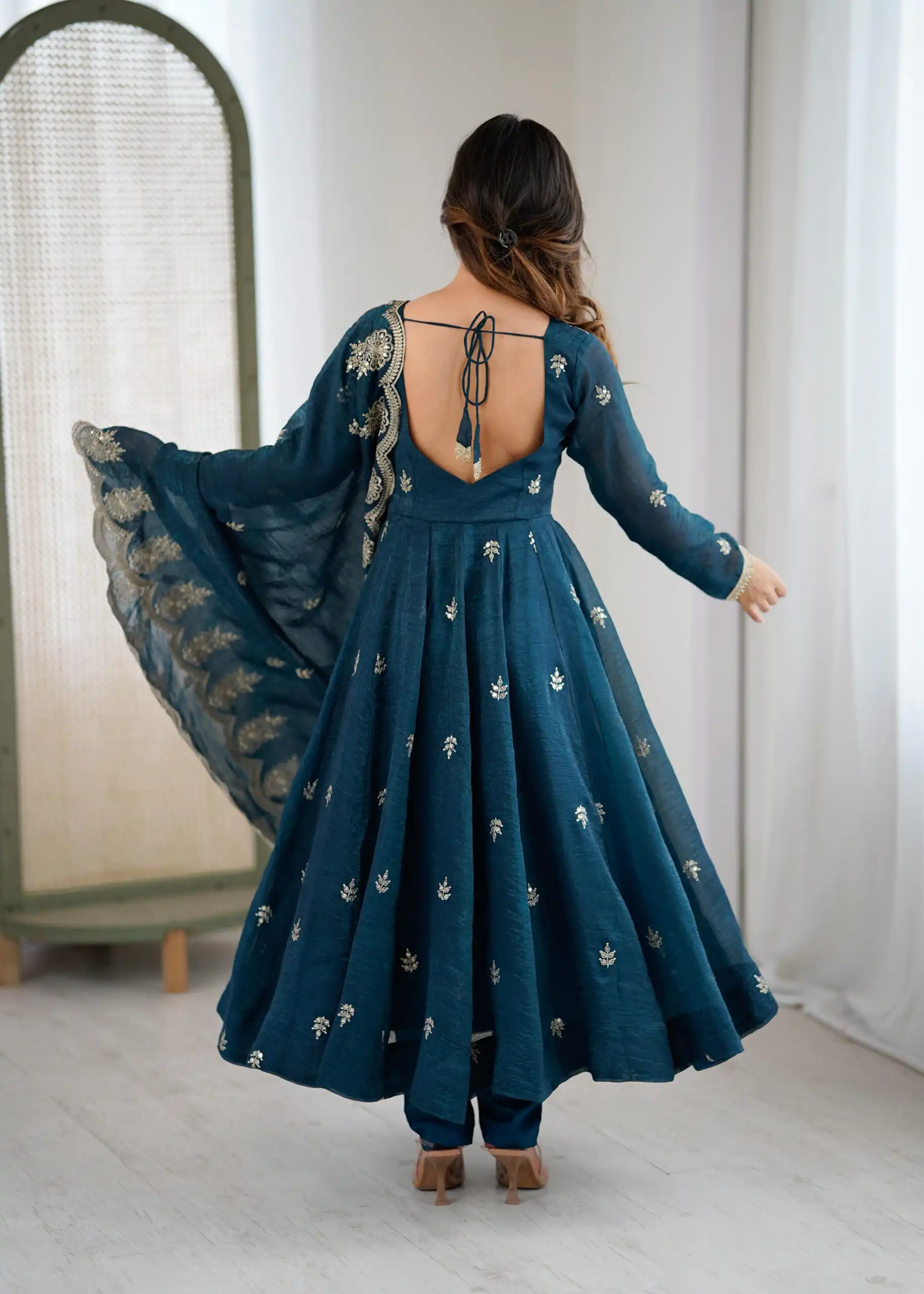 ZF 5011 Teal Crunchy Silk Gown with Embroidery Work. Wedding, Party, Festive, Events Best Price ₹2099. Delivery 4-6 Working Days. Shop now. | Bollywood Gowns, Creative Gowns, Designer Gowns, Embroidered Gowns, Gowns, Party Wear Gowns