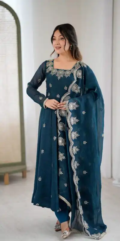 ZF 5011 Teal Crunchy Silk Gown with Embroidery Work. Wedding, Party, Festive, Events Best Price ₹2099. Delivery 4-6 Working Days. Shop now. | Bollywood Gowns, Creative Gowns, Designer Gowns, Embroidered Gowns, Gowns, Party Wear Gowns