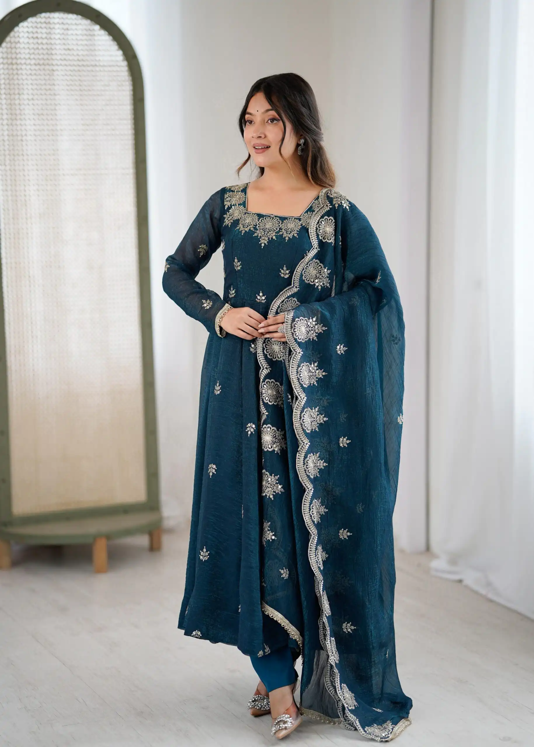 ZF 5011 Teal Crunchy Silk Gown with Embroidery Work. Wedding, Party, Festive, Events Best Price ₹2099. Delivery 4-6 Working Days. Shop now. | Bollywood Gowns, Creative Gowns, Designer Gowns, Embroidered Gowns, Gowns, Party Wear Gowns