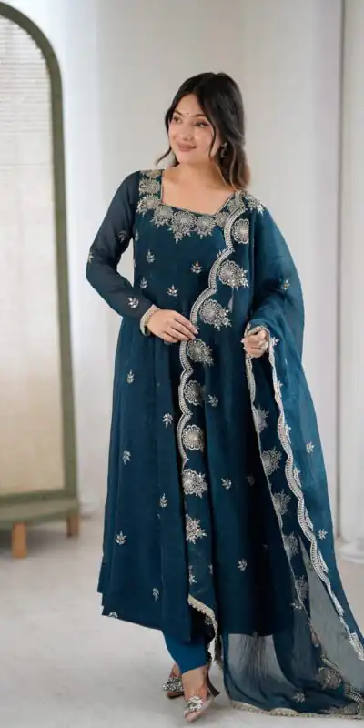 ZF 5011 Teal Crunchy Silk Gown with Embroidery Work. Wedding, Party, Festive, Events Best Price ₹2099. Delivery 4-6 Working Days. Shop now. | Bollywood Gowns, Creative Gowns, Designer Gowns, Embroidered Gowns, Gowns, Party Wear Gowns