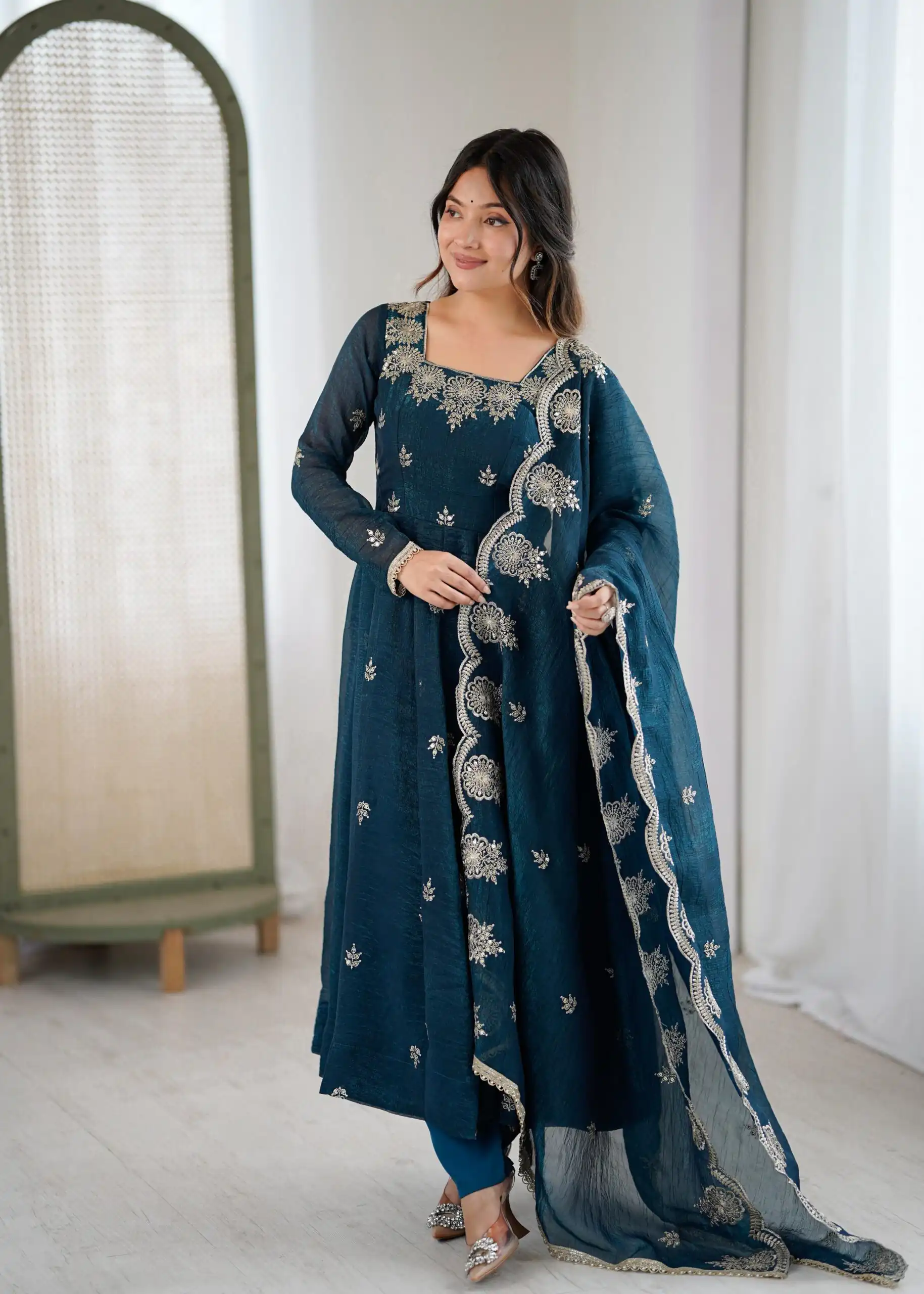ZF 5011 Teal Crunchy Silk Gown with Embroidery Work. Wedding, Party, Festive, Events Best Price ₹2099. Delivery 4-6 Working Days. Shop now. | Bollywood Gowns, Creative Gowns, Designer Gowns, Embroidered Gowns, Gowns, Party Wear Gowns