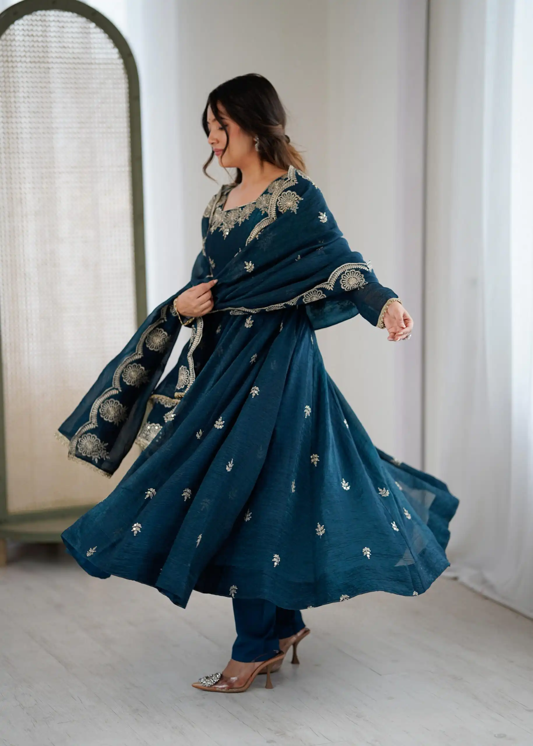 ZF 5011 Teal Crunchy Silk Gown with Embroidery Work. Wedding, Party, Festive, Events Best Price ₹2099. Delivery 4-6 Working Days. Shop now. | Bollywood Gowns, Creative Gowns, Designer Gowns, Embroidered Gowns, Gowns, Party Wear Gowns